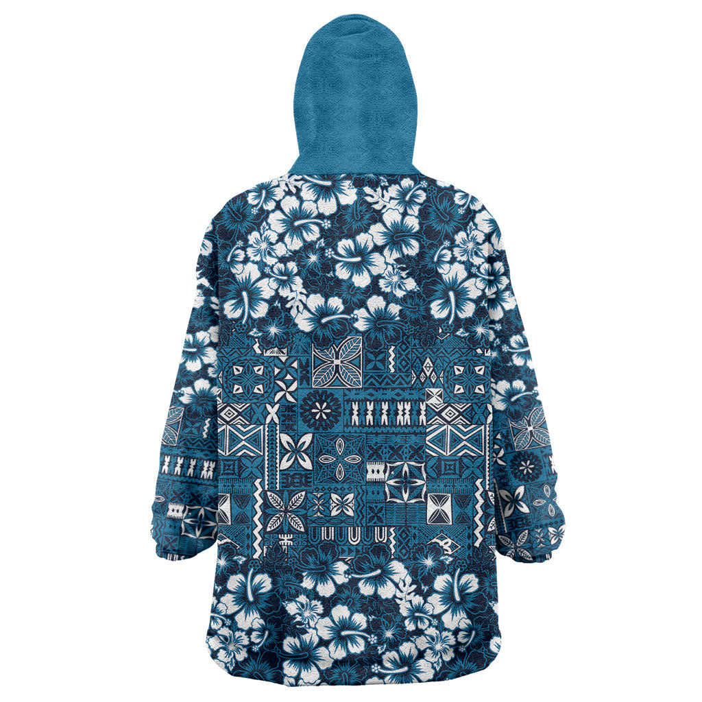 Blue Hawaiian Tapa Tribal Hibiscus Wearable Blanket Hoodie LT9 - Polynesian Pride