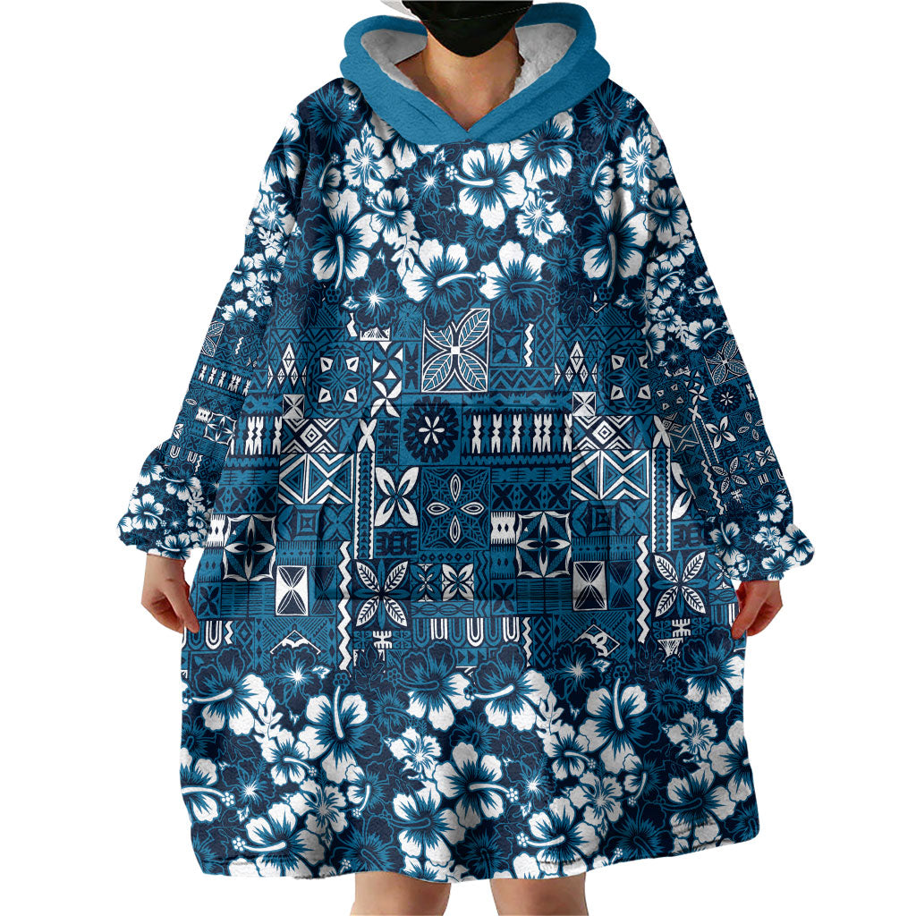 Blue Hawaiian Tapa Tribal Hibiscus Wearable Blanket Hoodie LT9 - Polynesian Pride