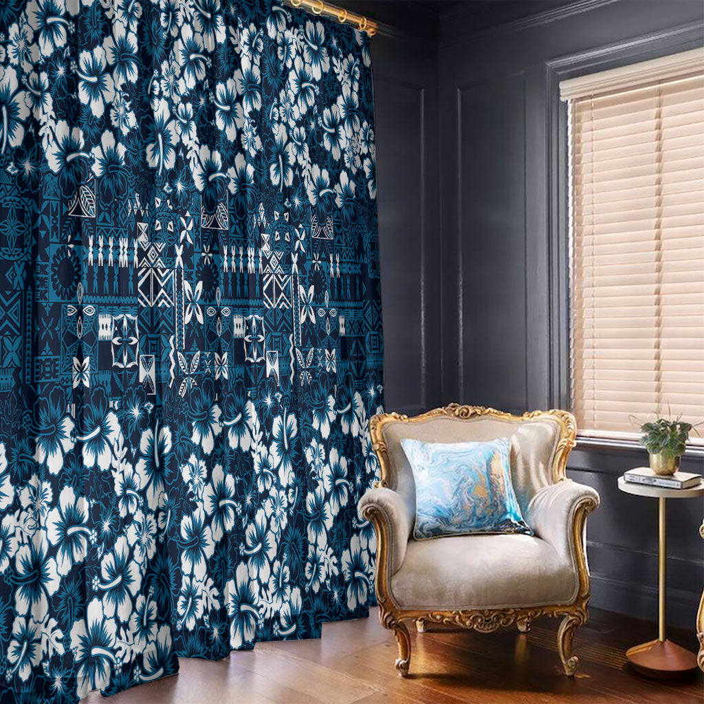Blue Hawaiian Tapa Tribal Hibiscus Window Curtain LT9 - Polynesian Pride