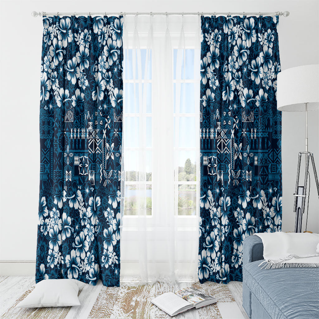 Blue Hawaiian Tapa Tribal Hibiscus Window Curtain LT9 - Polynesian Pride
