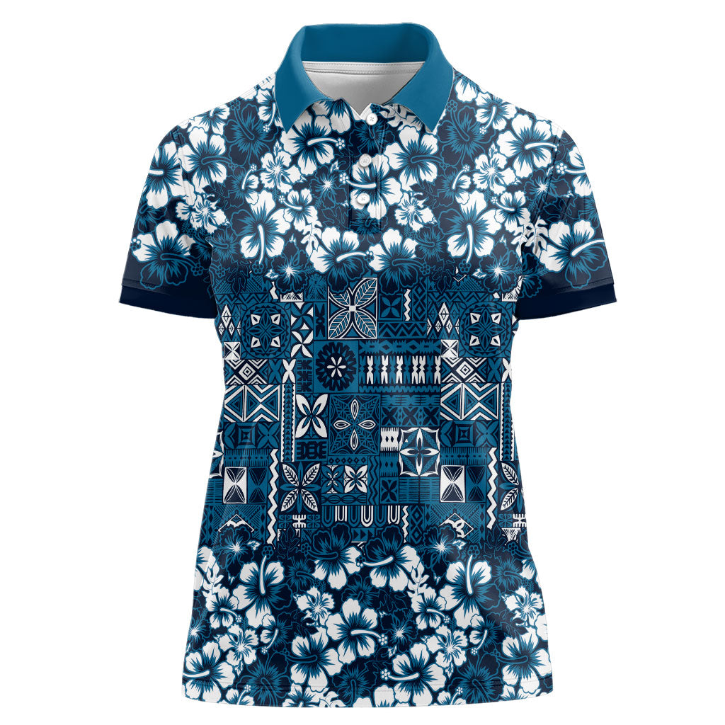 Blue Hawaiian Tapa Tribal Hibiscus Women Polo Shirt LT9 Female Blue - Polynesian Pride