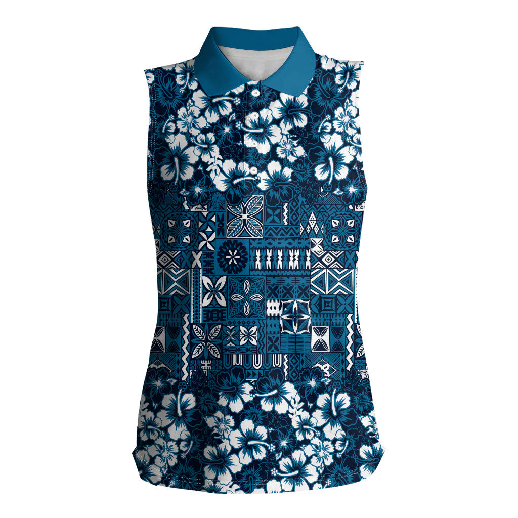 Blue Hawaiian Tapa Tribal Hibiscus Women Sleeveless Polo Shirt LT9 Female Blue - Polynesian Pride