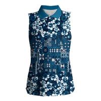 Blue Hawaiian Tapa Tribal Hibiscus Women Sleeveless Polo Shirt LT9 Female Blue - Polynesian Pride