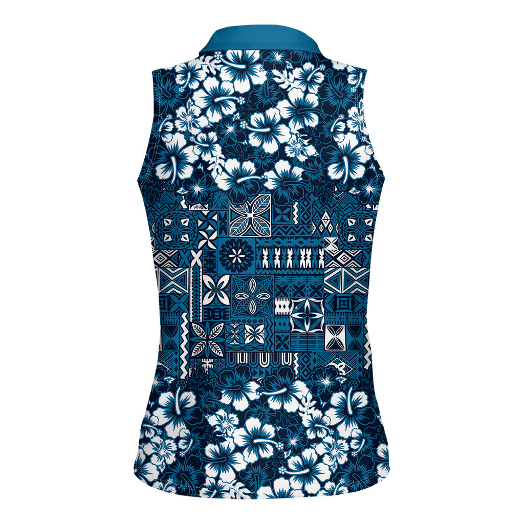 Blue Hawaiian Tapa Tribal Hibiscus Women Sleeveless Polo Shirt LT9 - Polynesian Pride
