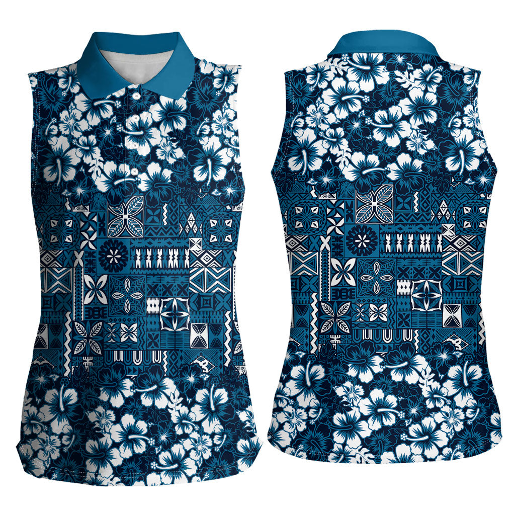 Blue Hawaiian Tapa Tribal Hibiscus Women Sleeveless Polo Shirt LT9 - Polynesian Pride
