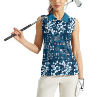 Blue Hawaiian Tapa Tribal Hibiscus Women Sleeveless Polo Shirt LT9 - Polynesian Pride