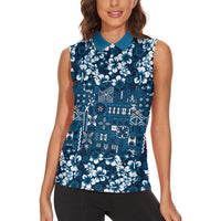Blue Hawaiian Tapa Tribal Hibiscus Women Sleeveless Polo Shirt LT9 - Polynesian Pride