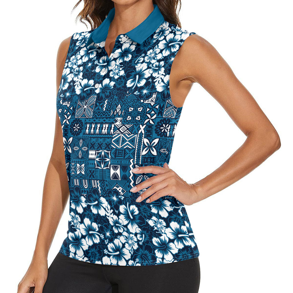 Blue Hawaiian Tapa Tribal Hibiscus Women Sleeveless Polo Shirt LT9 - Polynesian Pride