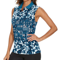 Blue Hawaiian Tapa Tribal Hibiscus Women Sleeveless Polo Shirt LT9 - Polynesian Pride