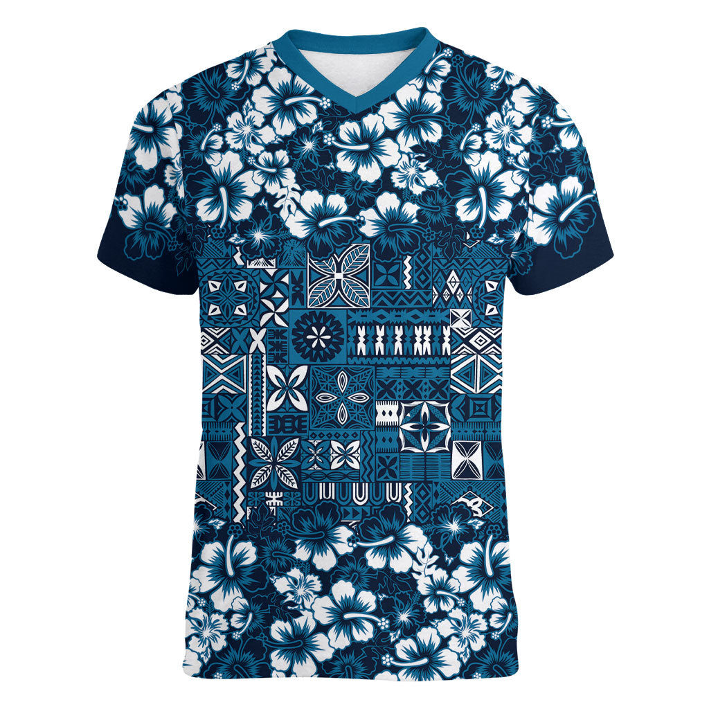 Blue Hawaiian Tapa Tribal Hibiscus Women V-Neck T-Shirt LT9 Female Blue - Polynesian Pride