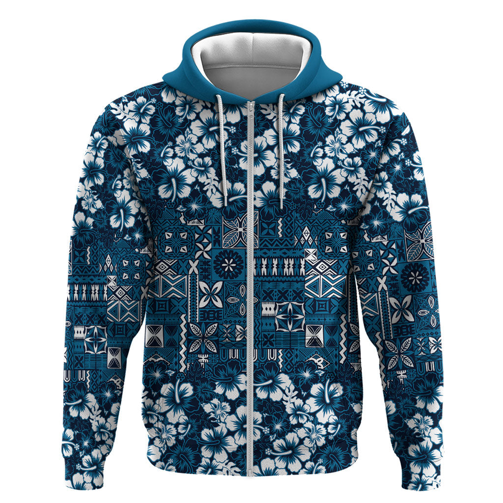 Blue Hawaiian Tapa Tribal Hibiscus Zip Hoodie LT9 Zip Hoodie Blue - Polynesian Pride