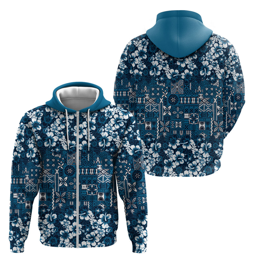 Blue Hawaiian Tapa Tribal Hibiscus Zip Hoodie LT9 - Polynesian Pride
