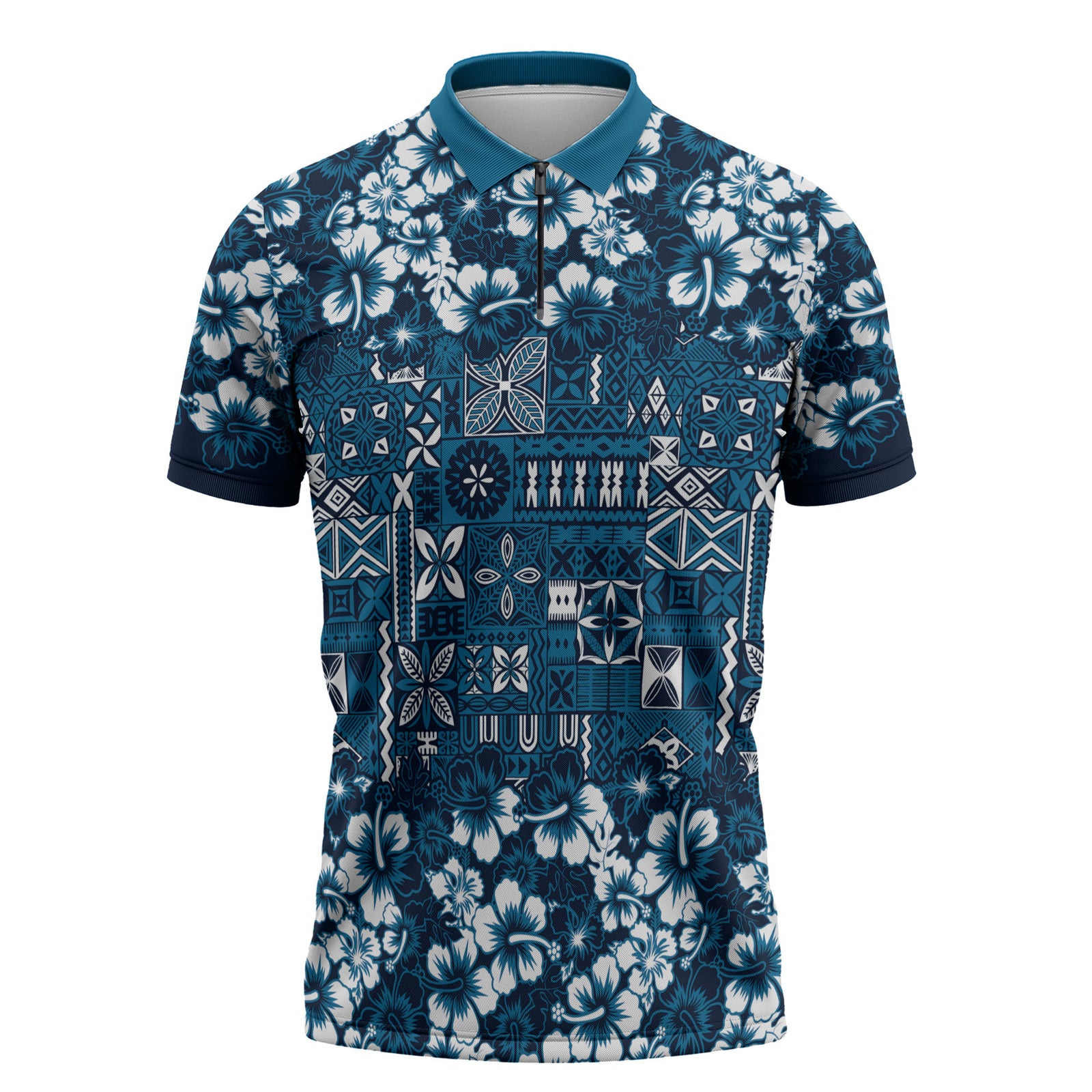 Blue Hawaiian Tapa Tribal Hibiscus Zipper Polo Shirt LT9 Blue - Polynesian Pride