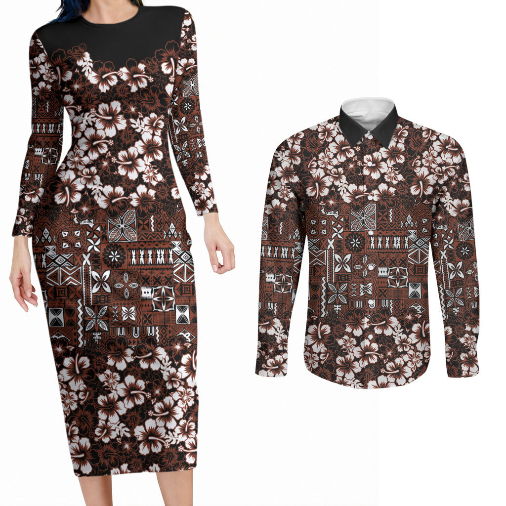 Burgundy Hawaiian Tapa Tribal Hibiscus Couples Matching Long Sleeve Bodycon Dress and Long Sleeve Button Shirt LT9 Burgundy - Polynesian Pride