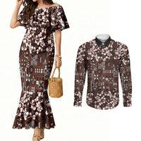 Burgundy Hawaiian Tapa Tribal Hibiscus Couples Matching Mermaid Dress and Long Sleeve Button Shirt LT9 Burgundy - Polynesian Pride