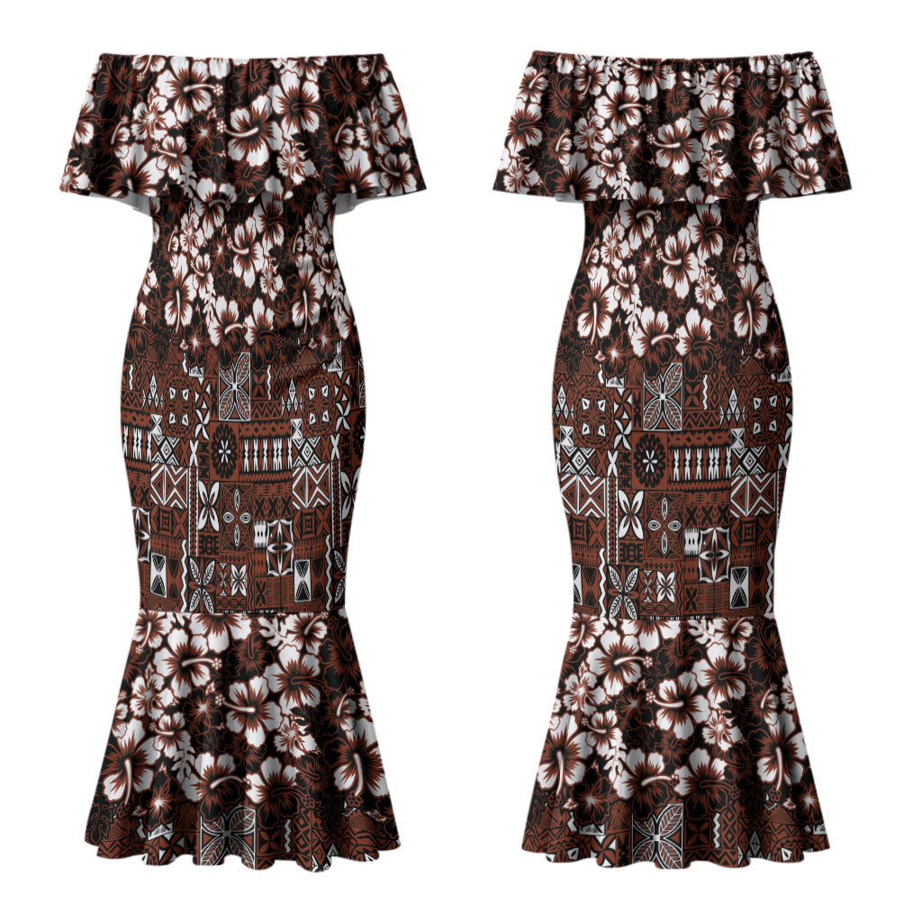 Burgundy Hawaiian Tapa Tribal Hibiscus Couples Matching Mermaid Dress and Long Sleeve Button Shirt LT9 - Polynesian Pride