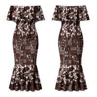 Burgundy Hawaiian Tapa Tribal Hibiscus Couples Matching Mermaid Dress and Long Sleeve Button Shirt LT9 - Polynesian Pride