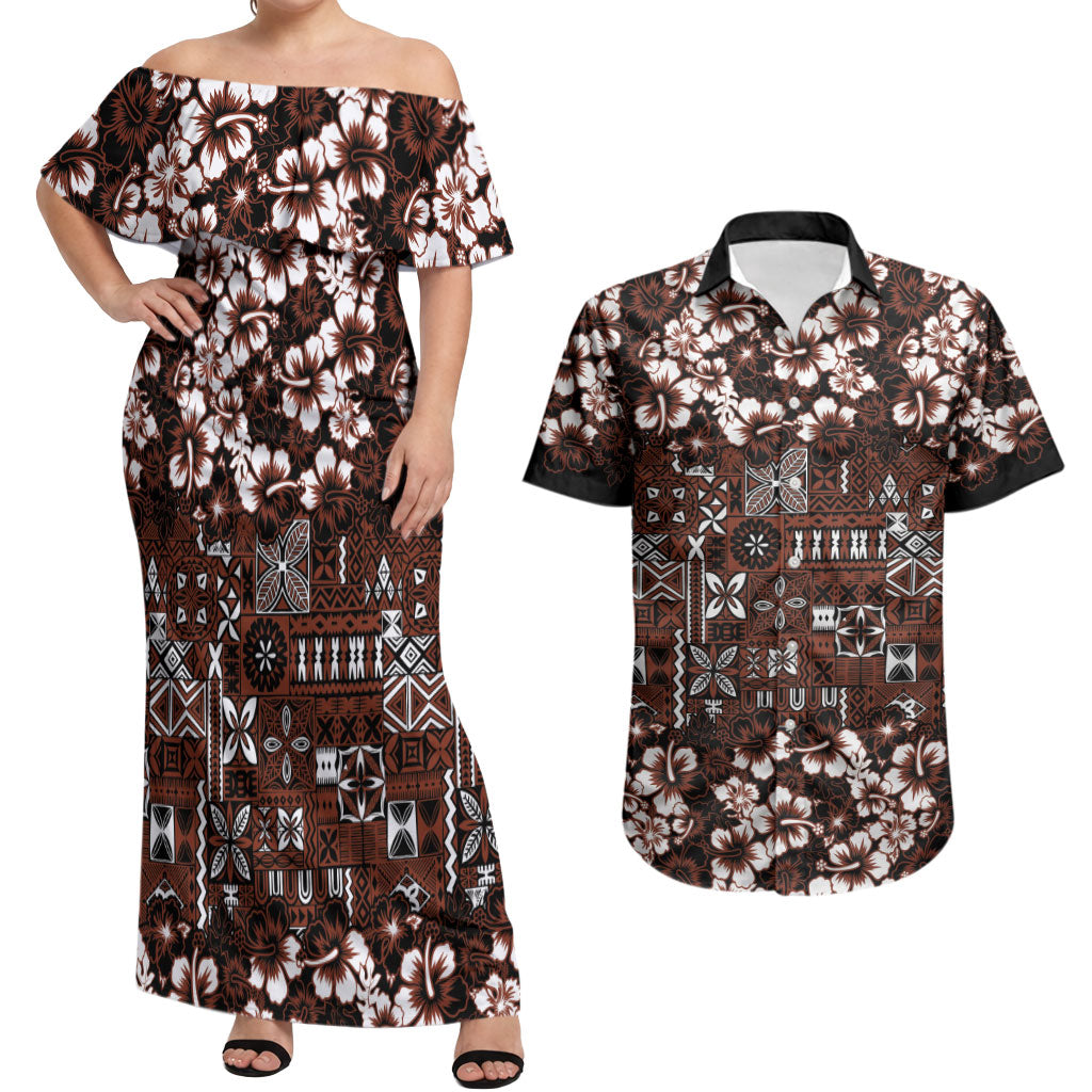 Burgundy Hawaiian Tapa Tribal Hibiscus Couples Matching Off Shoulder Maxi Dress and Hawaiian Shirt LT9 Burgundy - Polynesian Pride