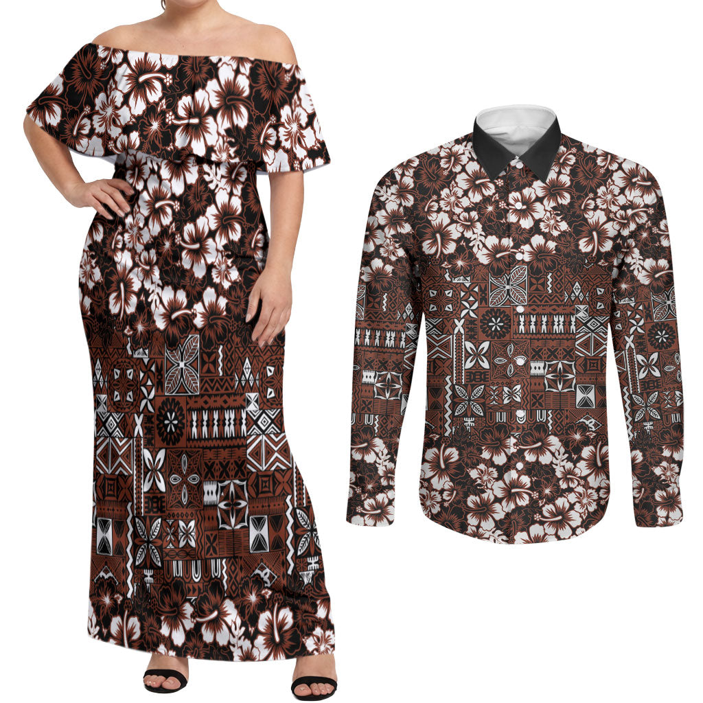 Burgundy Hawaiian Tapa Tribal Hibiscus Couples Matching Off Shoulder Maxi Dress and Long Sleeve Button Shirt LT9 Burgundy - Polynesian Pride