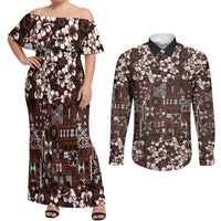 Burgundy Hawaiian Tapa Tribal Hibiscus Couples Matching Off Shoulder Maxi Dress and Long Sleeve Button Shirt LT9 Burgundy - Polynesian Pride