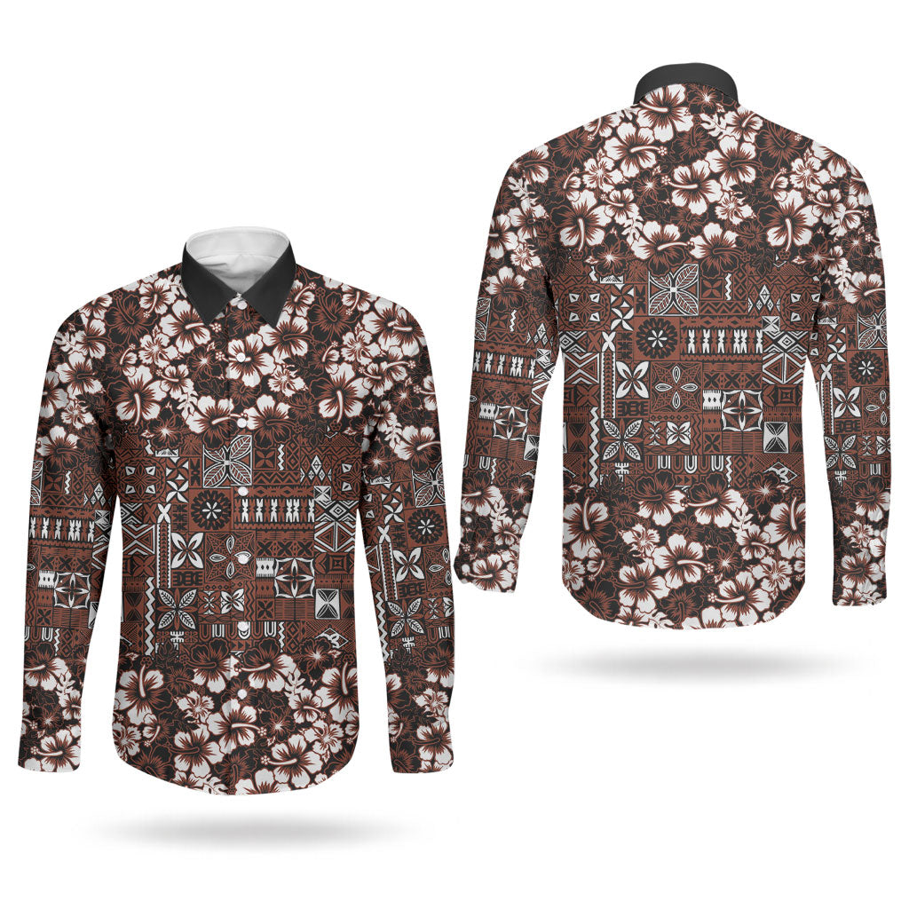 Burgundy Hawaiian Tapa Tribal Hibiscus Couples Matching Off Shoulder Maxi Dress and Long Sleeve Button Shirt LT9 - Polynesian Pride