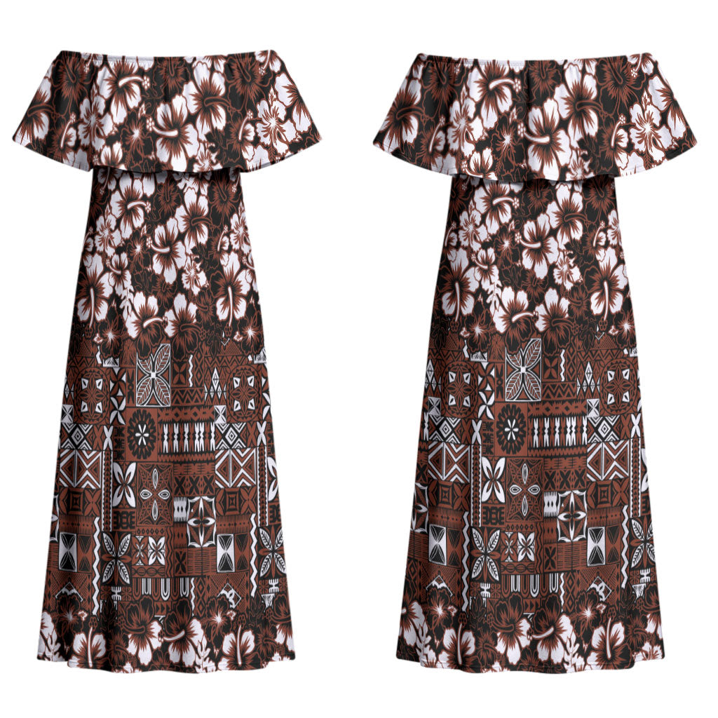 Burgundy Hawaiian Tapa Tribal Hibiscus Couples Matching Off Shoulder Maxi Dress and Long Sleeve Button Shirt LT9 - Polynesian Pride