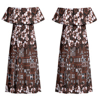 Burgundy Hawaiian Tapa Tribal Hibiscus Couples Matching Off Shoulder Maxi Dress and Long Sleeve Button Shirt LT9 - Polynesian Pride