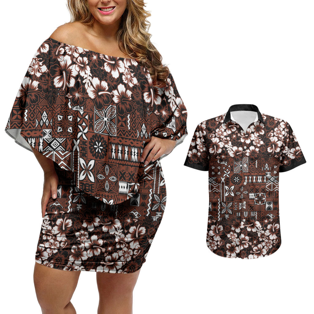 Burgundy Hawaiian Tapa Tribal Hibiscus Couples Matching Off Shoulder Short Dress and Hawaiian Shirt LT9 Burgundy - Polynesian Pride