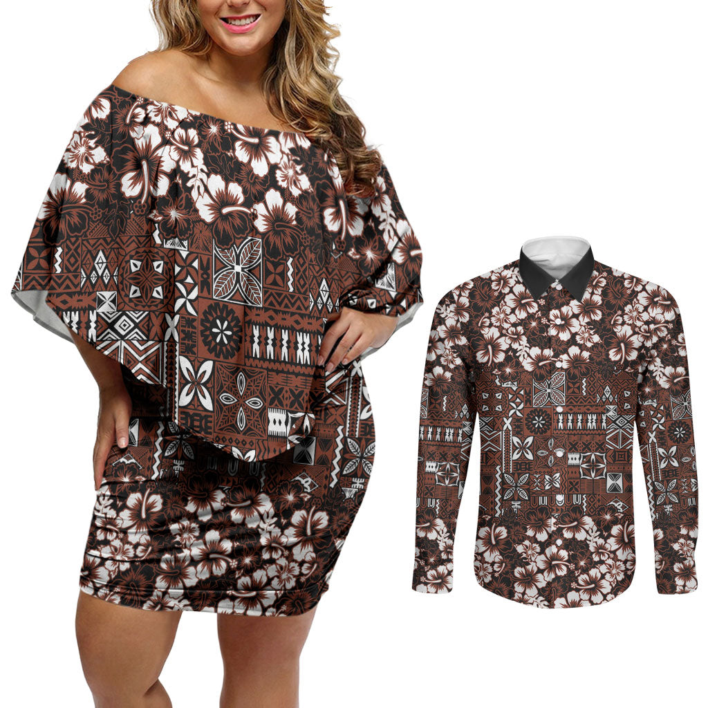 Burgundy Hawaiian Tapa Tribal Hibiscus Couples Matching Off Shoulder Short Dress and Long Sleeve Button Shirt LT9 Burgundy - Polynesian Pride