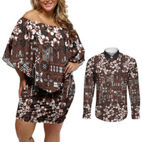 Burgundy Hawaiian Tapa Tribal Hibiscus Couples Matching Off Shoulder Short Dress and Long Sleeve Button Shirt LT9 Burgundy - Polynesian Pride