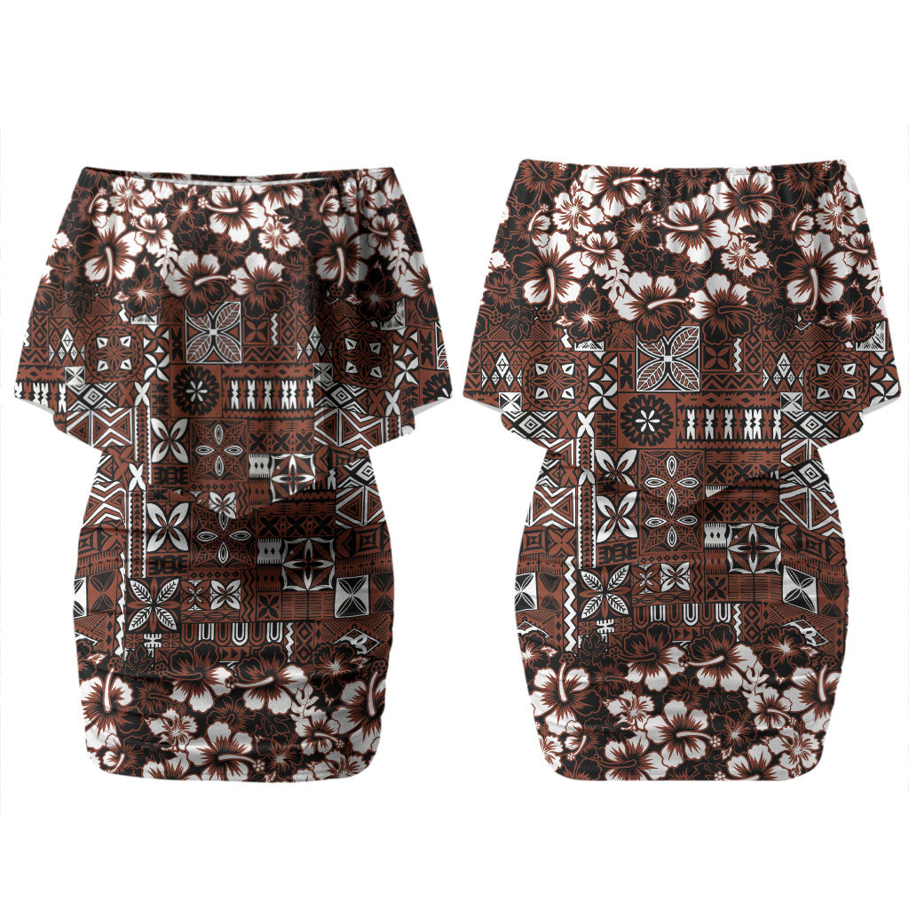 Burgundy Hawaiian Tapa Tribal Hibiscus Couples Matching Off Shoulder Short Dress and Long Sleeve Button Shirt LT9 - Polynesian Pride