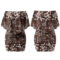 Burgundy Hawaiian Tapa Tribal Hibiscus Couples Matching Off Shoulder Short Dress and Long Sleeve Button Shirt LT9 - Polynesian Pride