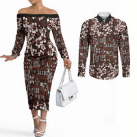 Burgundy Hawaiian Tapa Tribal Hibiscus Couples Matching Off The Shoulder Long Sleeve Dress and Long Sleeve Button Shirt LT9 Burgundy - Polynesian Pride