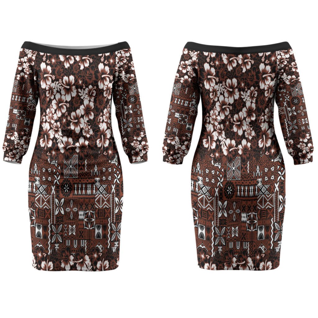 Burgundy Hawaiian Tapa Tribal Hibiscus Couples Matching Off The Shoulder Long Sleeve Dress and Long Sleeve Button Shirt LT9 - Polynesian Pride