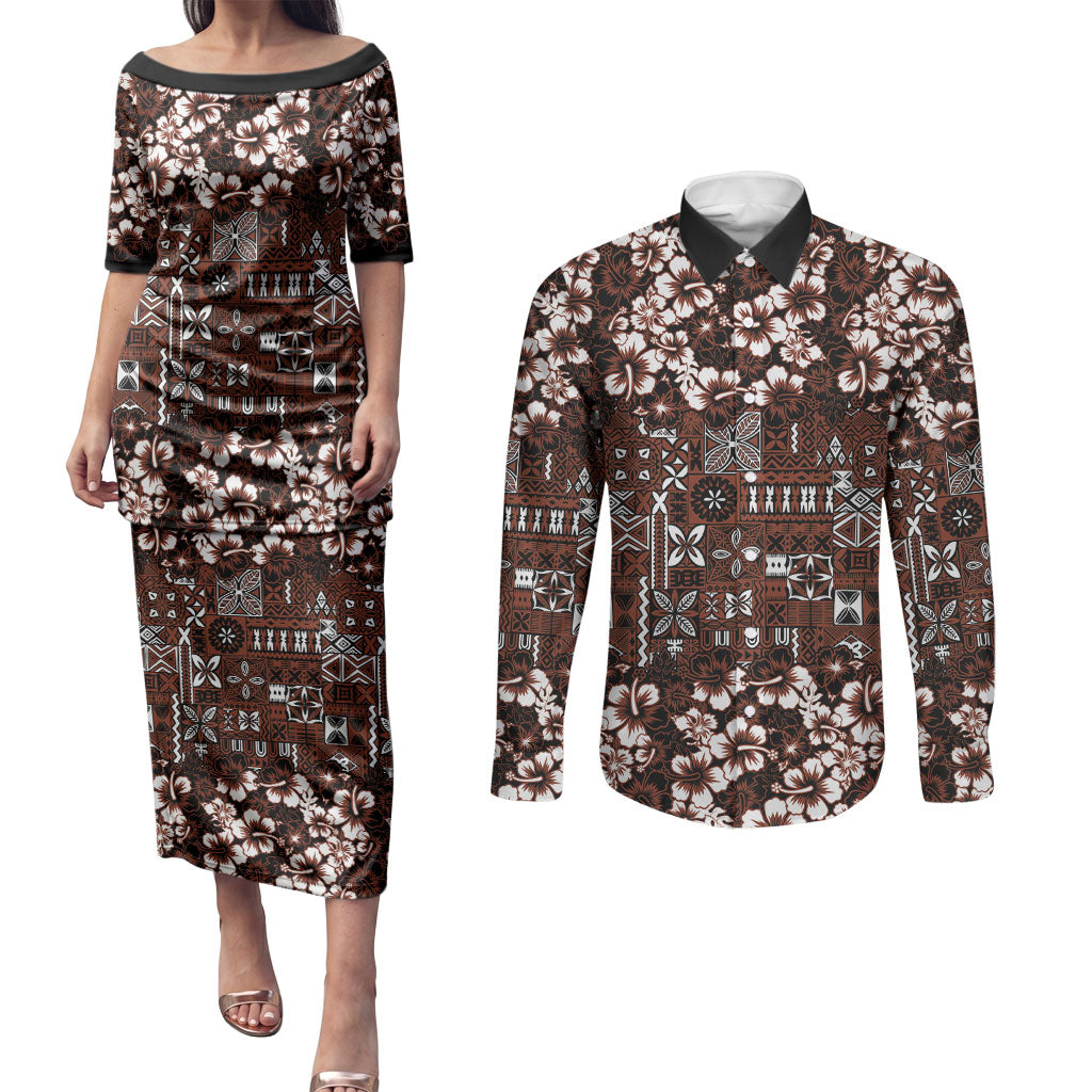 Burgundy Hawaiian Tapa Tribal Hibiscus Couples Matching Puletasi and Long Sleeve Button Shirt LT9 Burgundy - Polynesian Pride