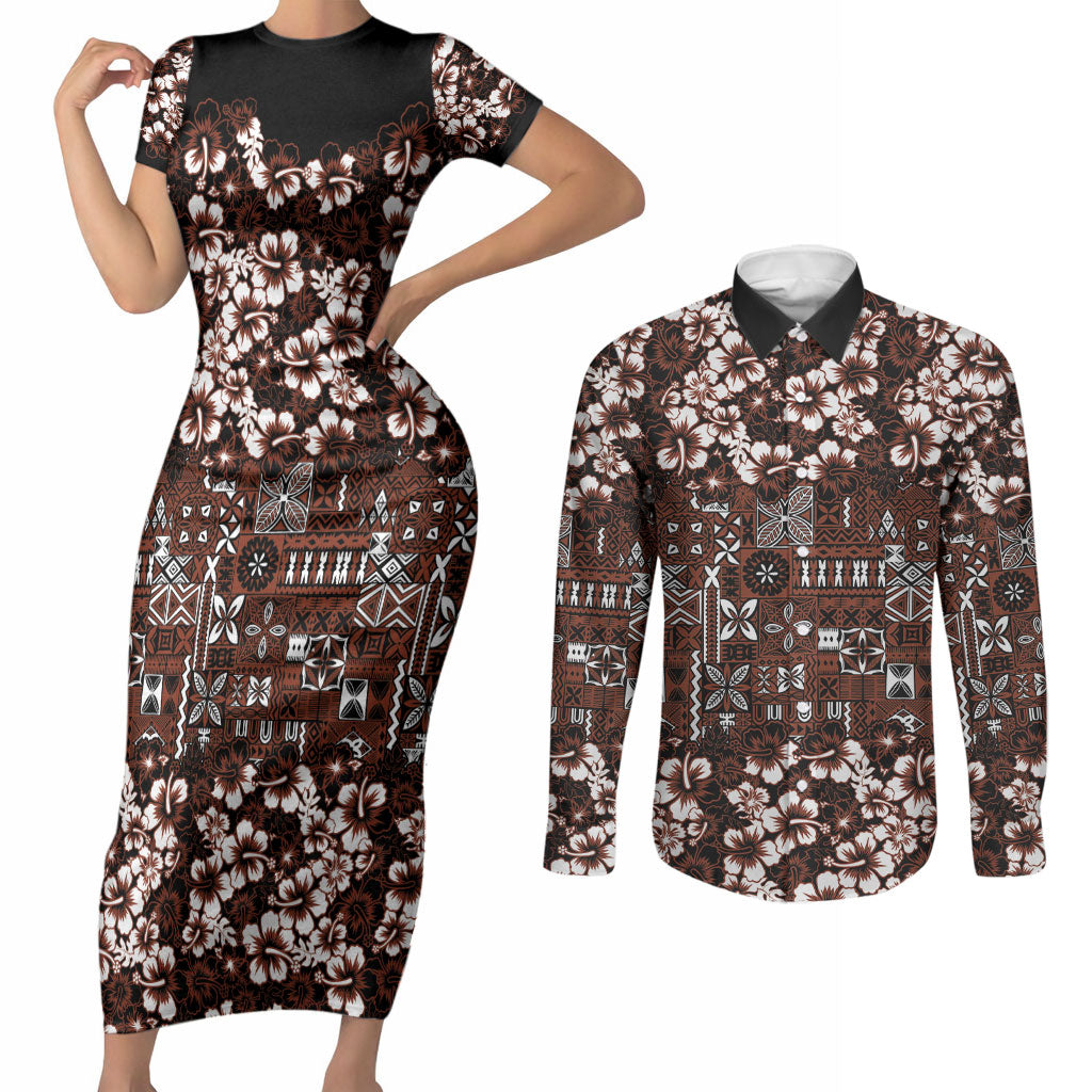 Burgundy Hawaiian Tapa Tribal Hibiscus Couples Matching Short Sleeve Bodycon Dress and Long Sleeve Button Shirt LT9 Burgundy - Polynesian Pride