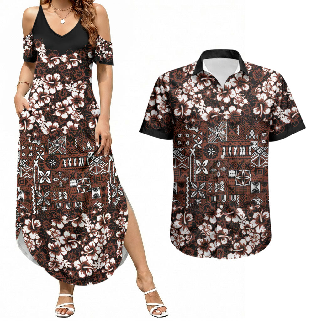 Burgundy Hawaiian Tapa Tribal Hibiscus Couples Matching Summer Maxi Dress and Hawaiian Shirt LT9 Burgundy - Polynesian Pride