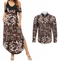Burgundy Hawaiian Tapa Tribal Hibiscus Couples Matching Summer Maxi Dress and Long Sleeve Button Shirt LT9 Burgundy - Polynesian Pride