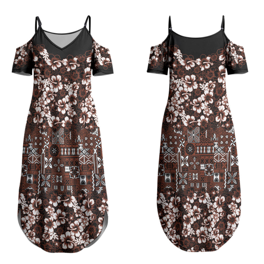 Burgundy Hawaiian Tapa Tribal Hibiscus Couples Matching Summer Maxi Dress and Long Sleeve Button Shirt LT9 - Polynesian Pride