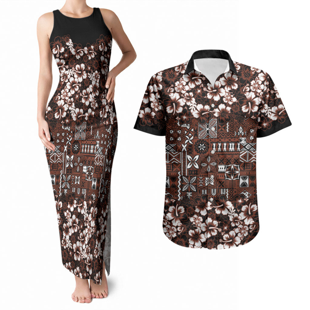 Burgundy Hawaiian Tapa Tribal Hibiscus Couples Matching Tank Maxi Dress and Hawaiian Shirt LT9 Burgundy - Polynesian Pride