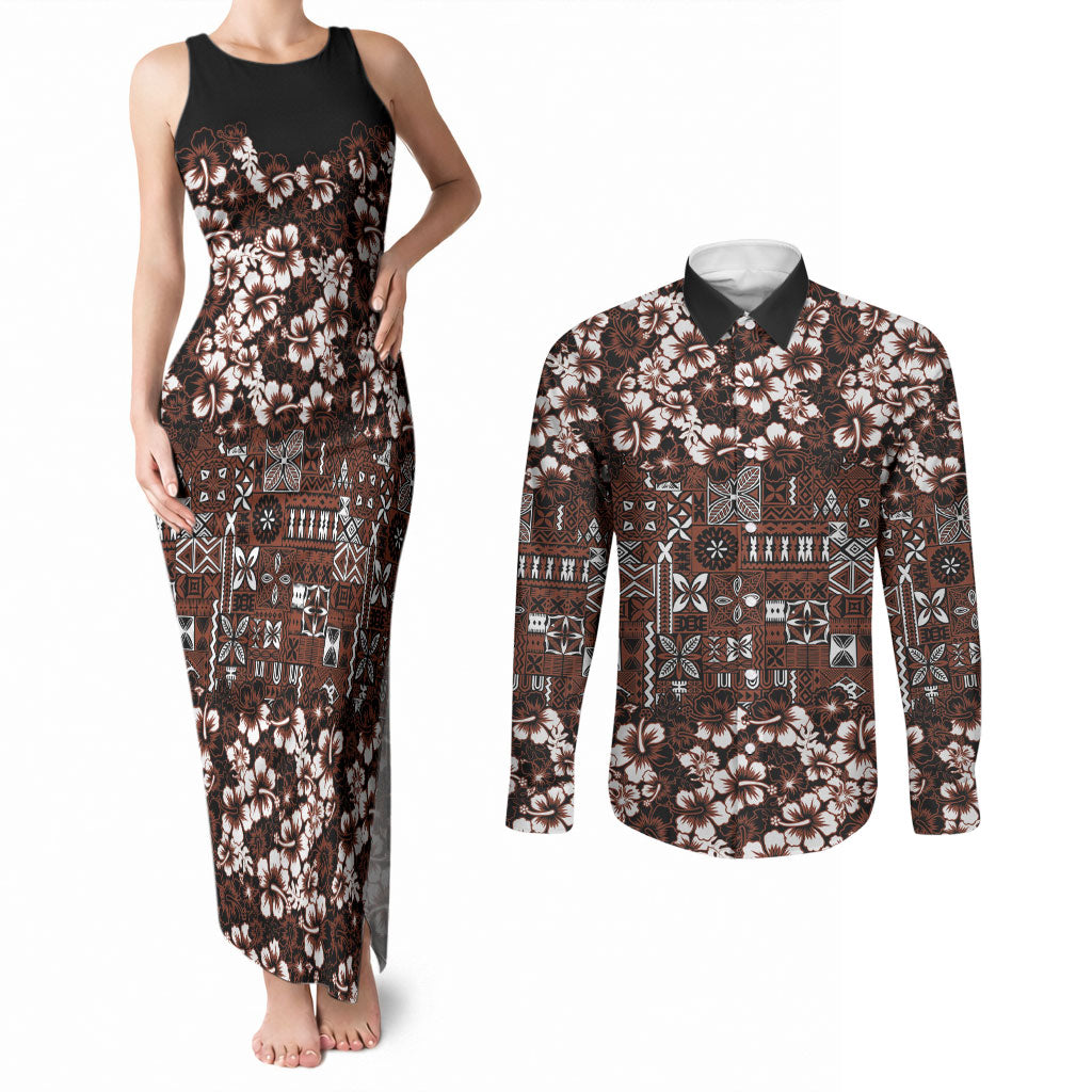 Burgundy Hawaiian Tapa Tribal Hibiscus Couples Matching Tank Maxi Dress and Long Sleeve Button Shirt LT9 Burgundy - Polynesian Pride