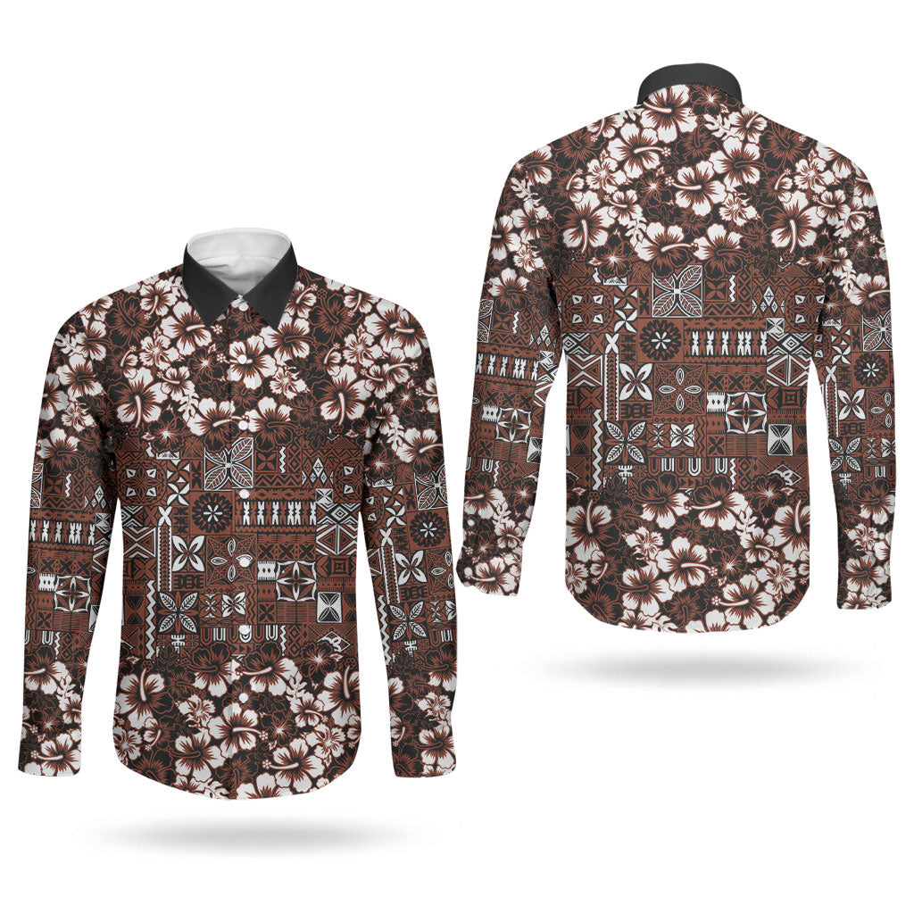 Burgundy Hawaiian Tapa Tribal Hibiscus Couples Matching Tank Maxi Dress and Long Sleeve Button Shirt LT9 - Polynesian Pride