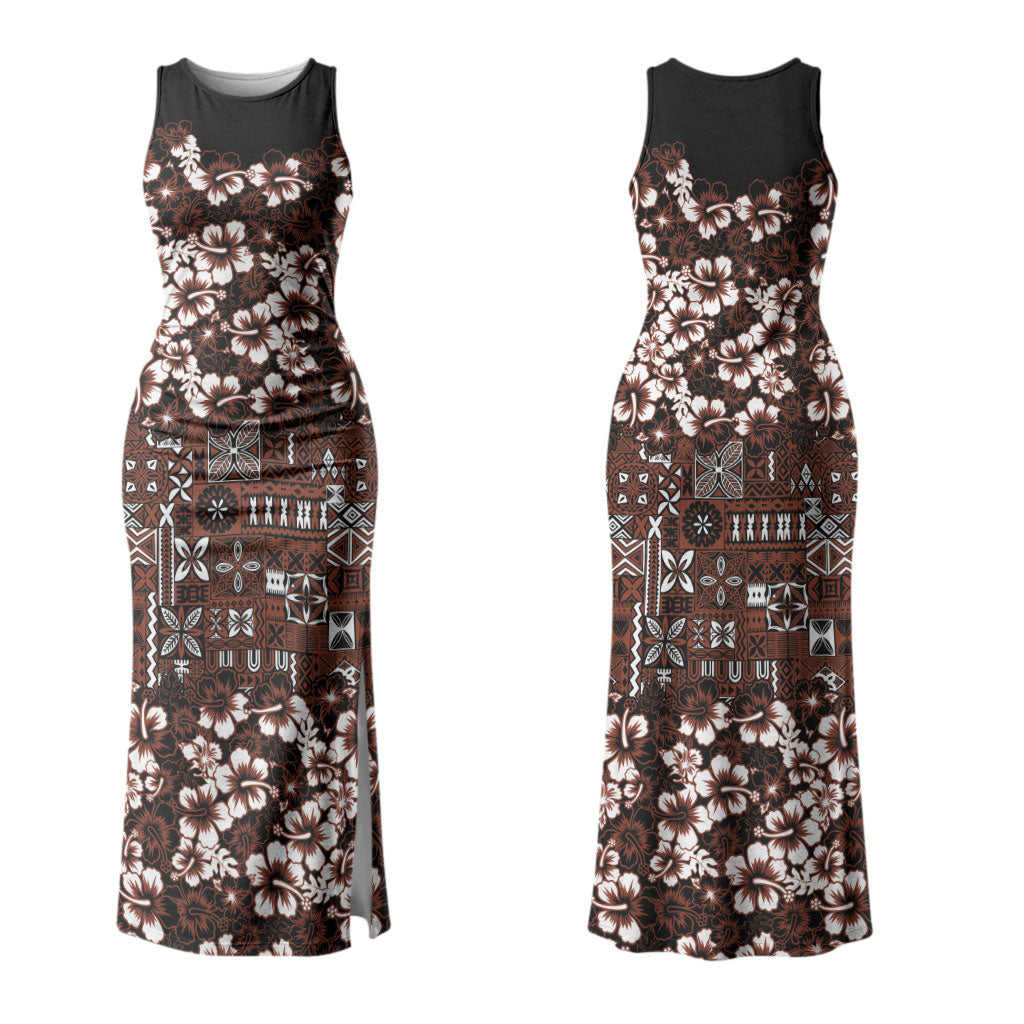 Burgundy Hawaiian Tapa Tribal Hibiscus Couples Matching Tank Maxi Dress and Long Sleeve Button Shirt LT9 - Polynesian Pride