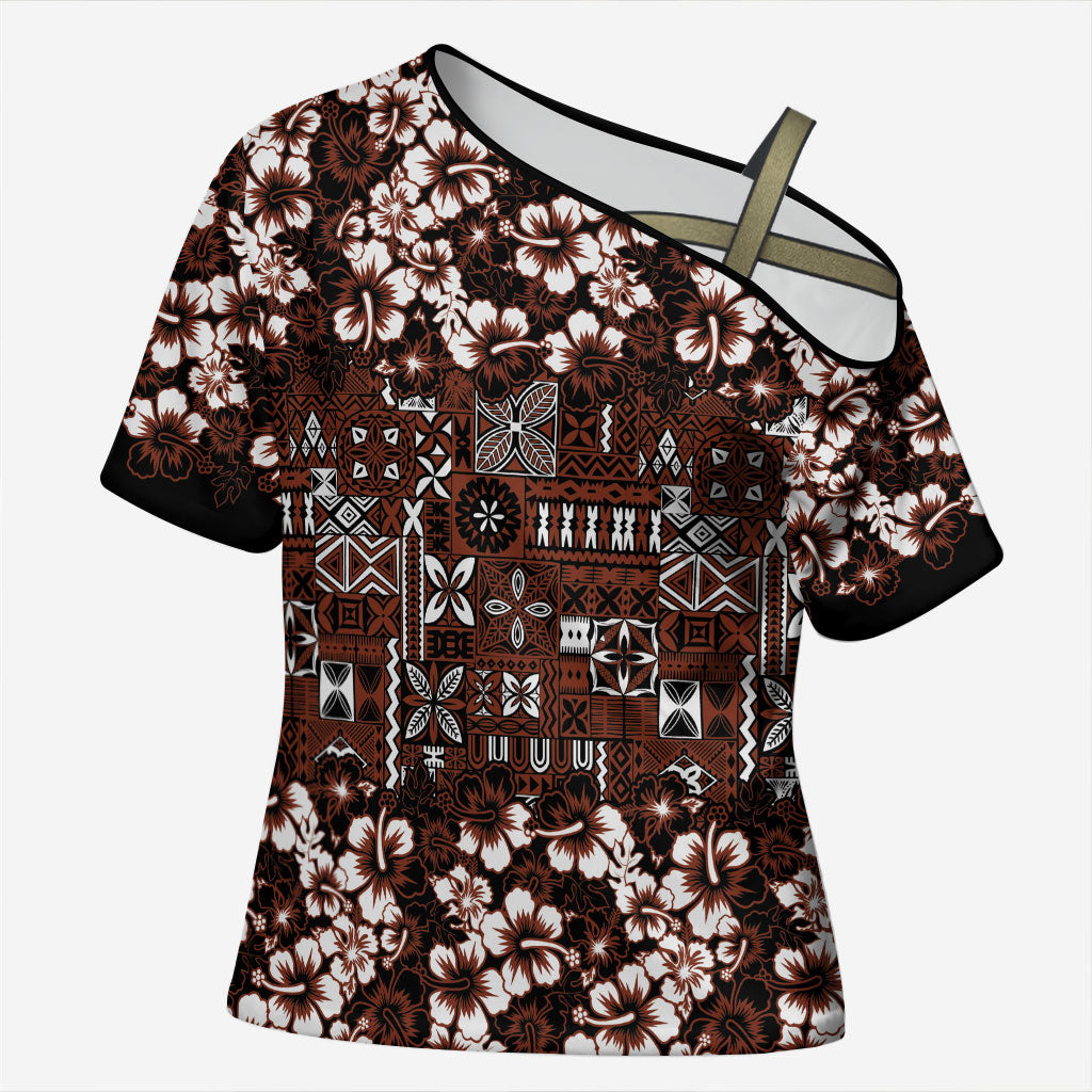 Burgundy Hawaiian Tapa Tribal Hibiscus Cross Shoulder Shirt LT9 Female Burgundy - Polynesian Pride