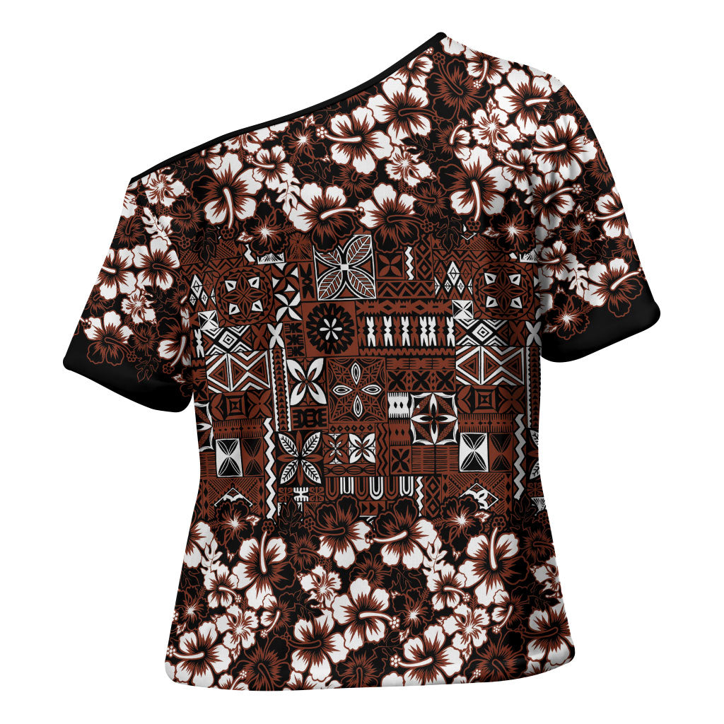 Burgundy Hawaiian Tapa Tribal Hibiscus Cross Shoulder Shirt LT9 - Polynesian Pride