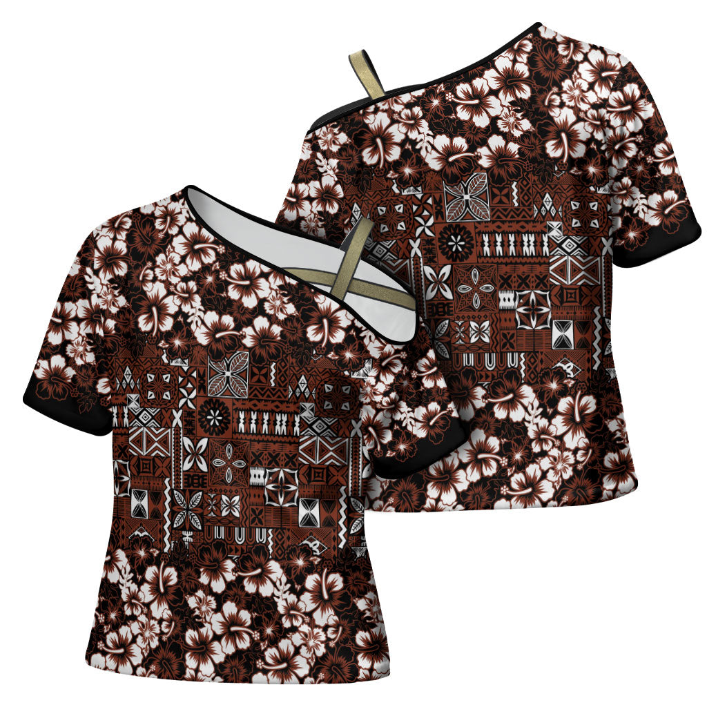 Burgundy Hawaiian Tapa Tribal Hibiscus Cross Shoulder Shirt LT9 - Polynesian Pride