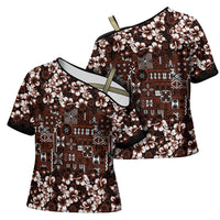 Burgundy Hawaiian Tapa Tribal Hibiscus Cross Shoulder Shirt LT9 - Polynesian Pride