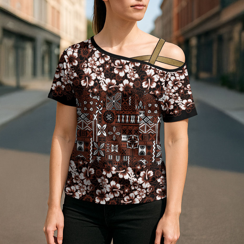 Burgundy Hawaiian Tapa Tribal Hibiscus Cross Shoulder Shirt LT9 - Polynesian Pride