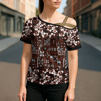 Burgundy Hawaiian Tapa Tribal Hibiscus Cross Shoulder Shirt LT9 - Polynesian Pride