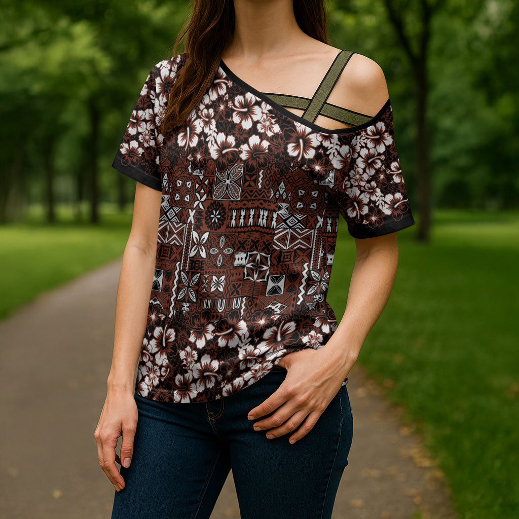 Burgundy Hawaiian Tapa Tribal Hibiscus Cross Shoulder Shirt LT9 - Polynesian Pride